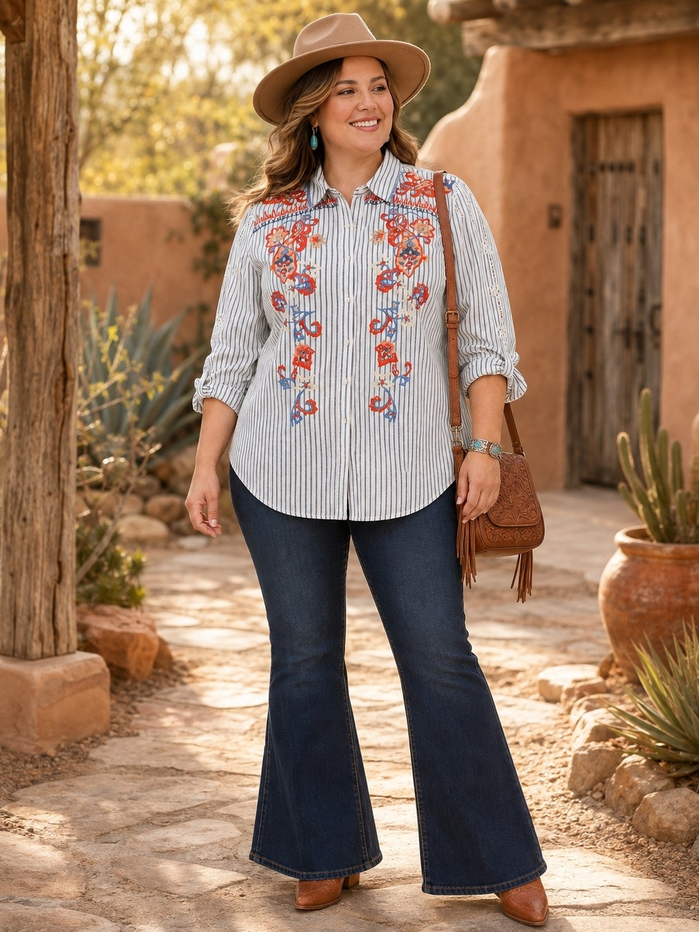 Reba Floral Embroidered Striped Button-Down Shirt | Size XL - EUC